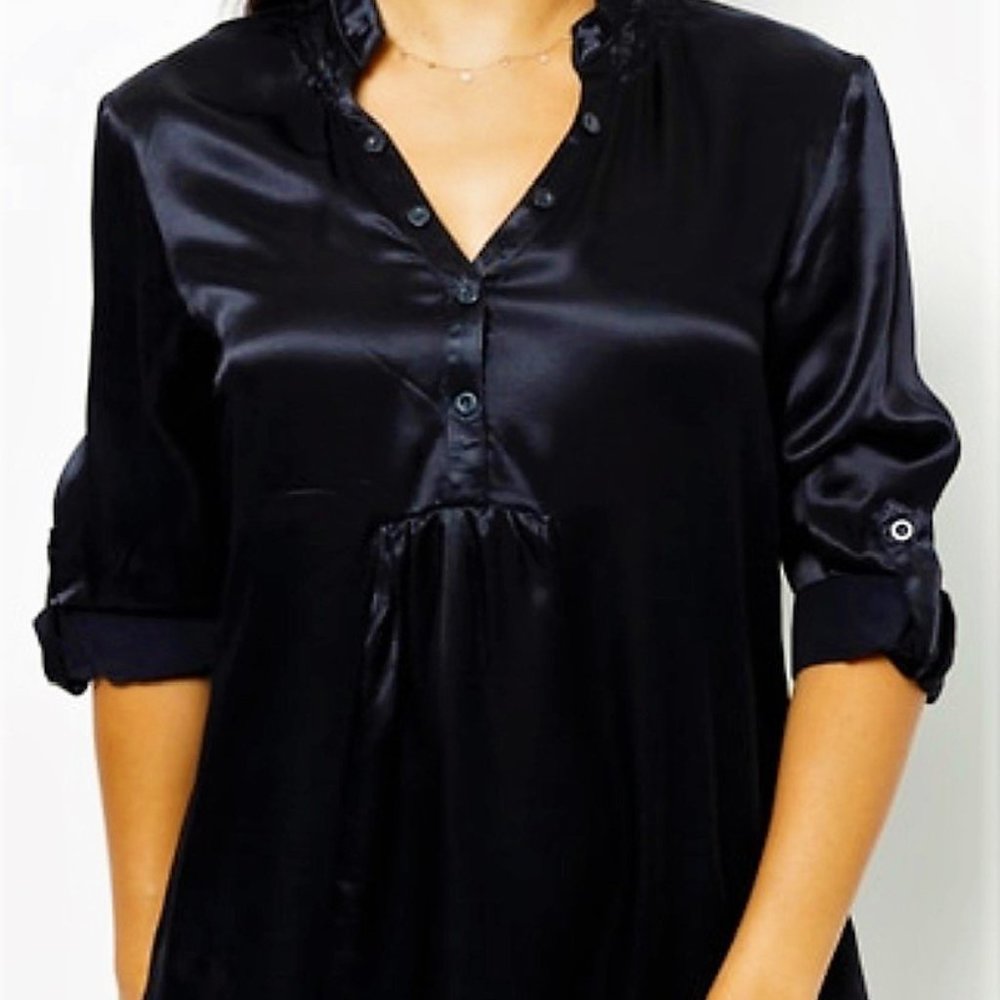 Button Neckline Black Satin Top